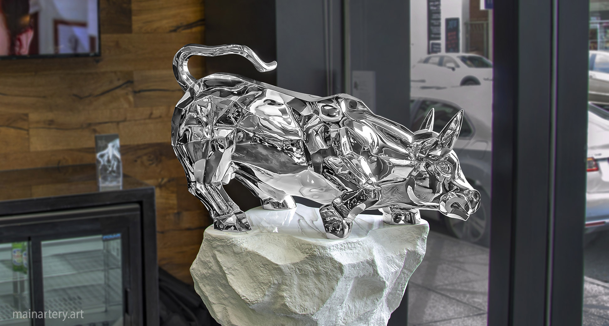 barbers interior polished stainless modern artwork rental image