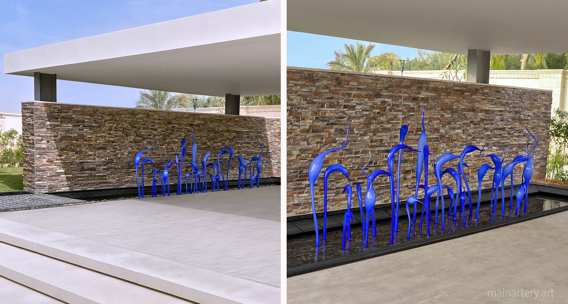 blue glass reeds landscape water feature sculptures image