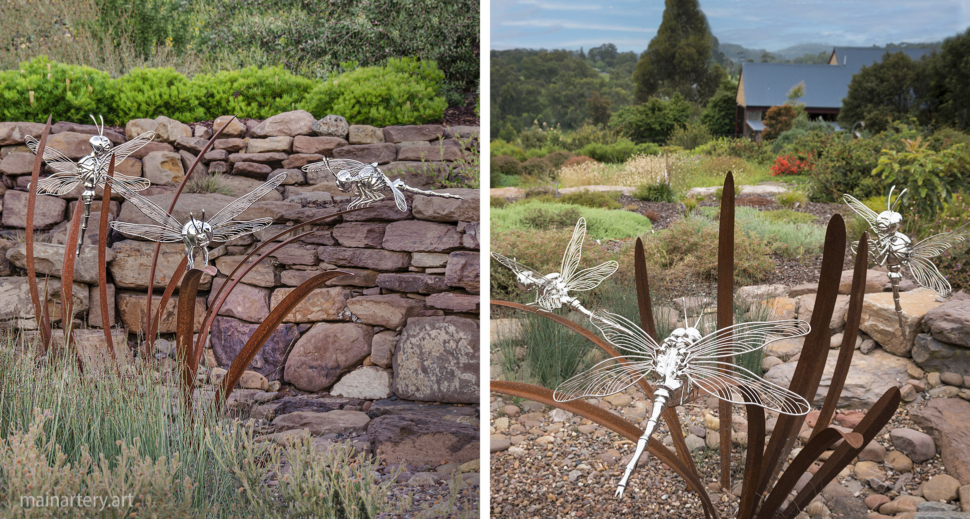 open spaces corten steel organic dragonfly landscape art image