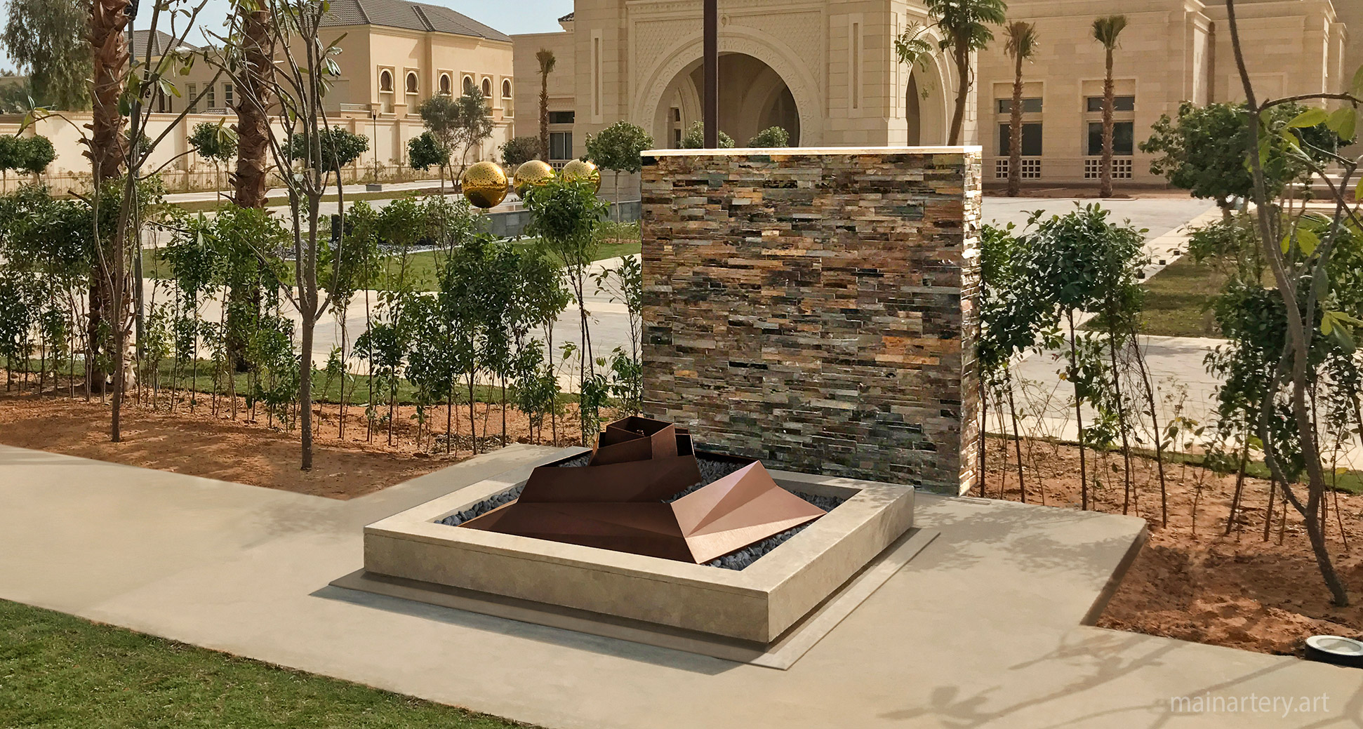 large copper patina water volcano garden artwork image