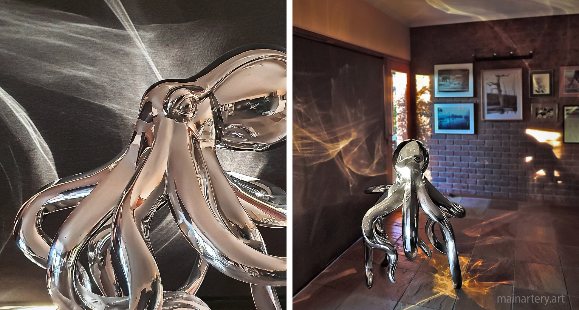 interior polished metal octopus artwork light reflection image
