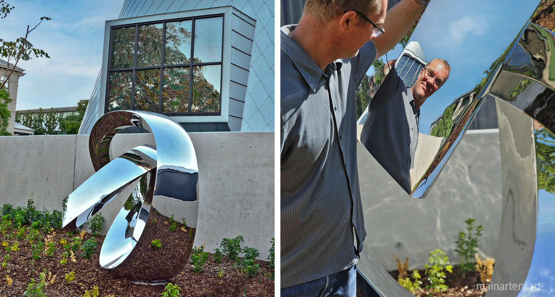 high school mirror polished landscape sculpture image