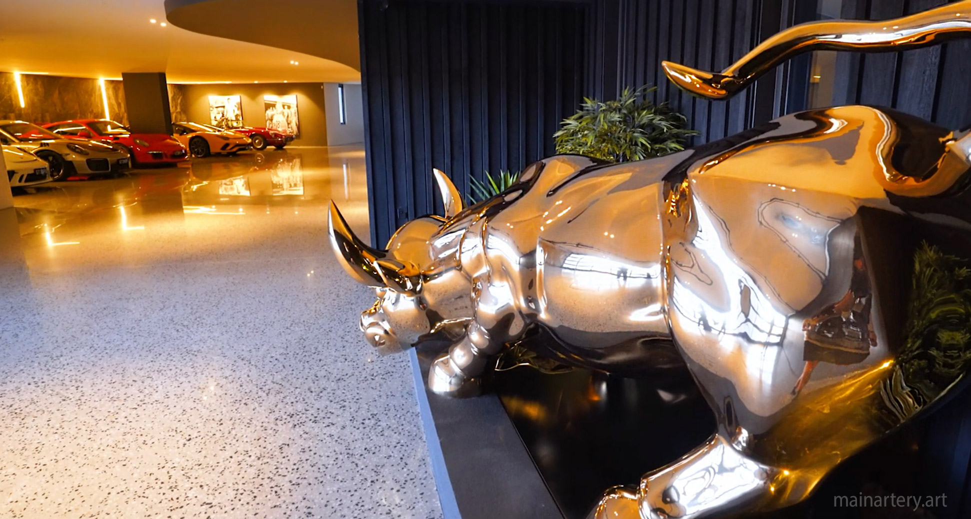 luxury garage gold titanium contemporary mancave bull sculpture image