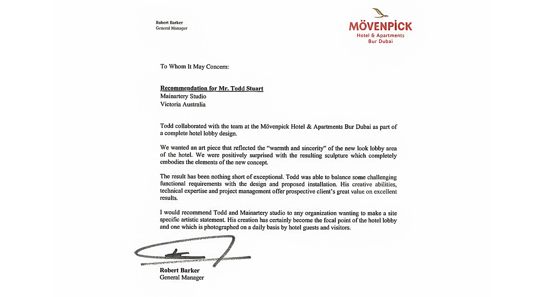 movenpick sculpture recommendation letter todd stuart image